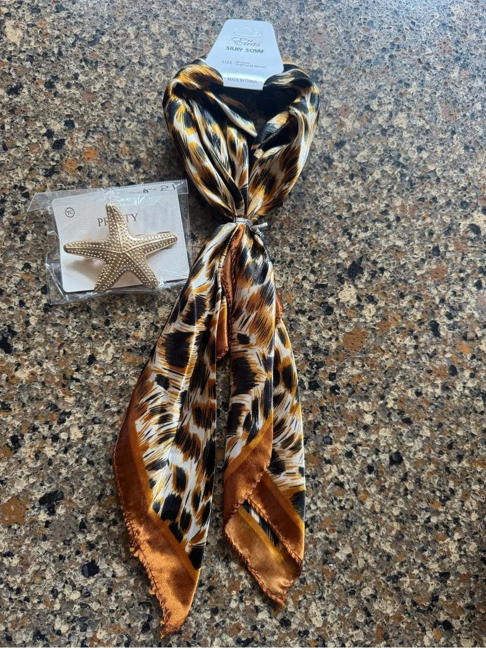 Faux Satin Animal-Print Scarf in Brown, Black & White and Starfish Clip